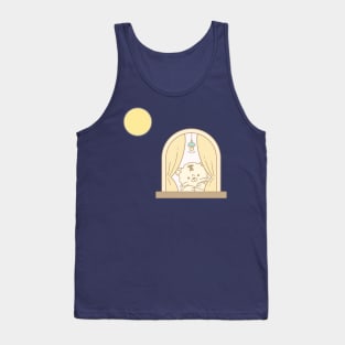 A cute cat character looks at the night sky. Tank Top